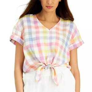 CHARTER CLUB Luxury Linen Gingham Tie-Front Top Multicolor Tie Front Size  XXL